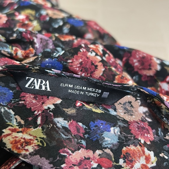 Zara Dark Floral Sheer Long Sleeve Babydoll Dress Size M - Picture 4 of 4